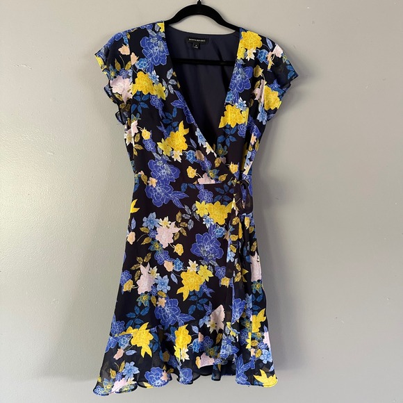 Banana Republic Blue Yellow Floral Faux Wrap Dress - SZ 4 - FLAW - Picture 1 of 10